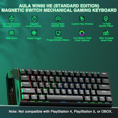 Aula WIN60 HE - 60% Mechanical Gaming Keyboard Wired, Magnetic Switch Hot Swappable, Adjustable Actuation Rapid Trigger Mode, 8000 Hz Polling Rate, RGB Small Keyboard 60 Percent Compact Design for PC - color: Black
