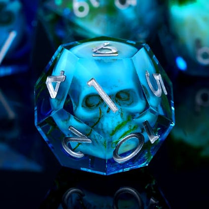 Froggod Blue Moss & Skull DND Dice Set with Gift Box for DND RPG, 7Pcs | Blue resin DND role playing dice with moss skull design and sharp edges for MTG, tabletop games and collectors - color: Blue