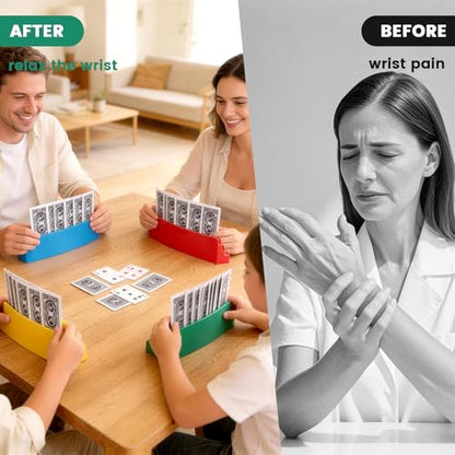Three-Layer Design Playing Cards Holders，Playing Card Holder for Kids Adults Hands Free Card Holder for Family Card Game Nights Poker Parties - color: Red,Yellow,Blue,Green(4pack)