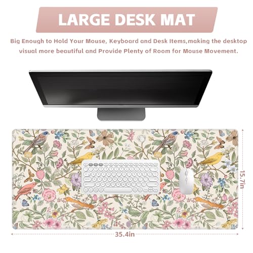 Baziabbo Cute Desk Mat,XXL Extended Big Mouse Pad,Gaming Mousepad with Stitched Edge,Non-Slip Rubber Base Keyboard Desk Pad for Home Office Study Game - color: Bird and Flower
