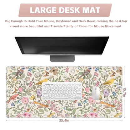 Baziabbo Cute Desk Mat,XXL Extended Big Mouse Pad,Gaming Mousepad with Stitched Edge,Non-Slip Rubber Base Keyboard Desk Pad for Home Office Study Game - color: Bird and Flower