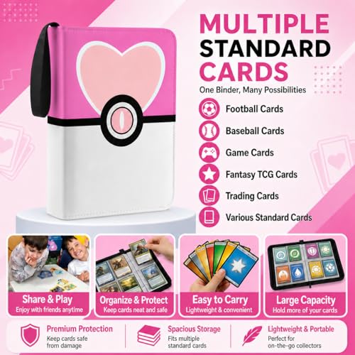 Card Binder 4 Pocket, Trading Card Holder Album Book, 50 Removable Sleeves Hold 400 Cards, PU Leather Zipper Portable Game Collection Card Case Ideal Gift (Pink) - color: Pink, size: Medium