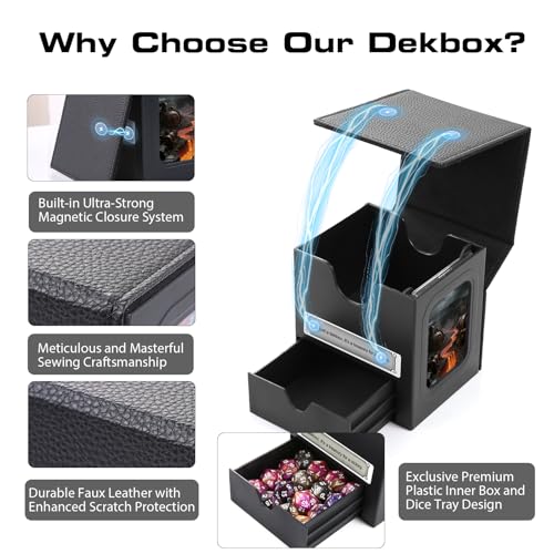 Patented MTG Commander DekBox, 100+ Double Sleeved Card Storage Box with Dice Tray, 35pt Card Holder & 2 Dividers - Magnetic Deck Case for TCG/CCG/Magic/Sports Cards, Black - color: Black