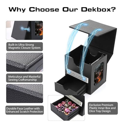 Patented MTG Commander DekBox, 100+ Double Sleeved Card Storage Box with Dice Tray, 35pt Card Holder & 2 Dividers - Magnetic Deck Case for TCG/CCG/Magic/Sports Cards, Black - color: Black