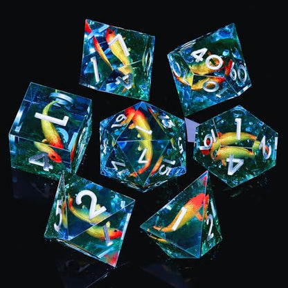 Moss and Koi Fish DND Dice Set - 7Pcs Sharp Edge Resin Polyhedral Game Dice for D&D RPG - Includes D20, D12, D10, D8, D6, D4 - Moss Agate Fish Design(Blue) - color: Blue