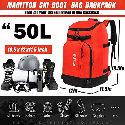 Ski Boot Bag - Boot Travel Backpack for Snowboard & Ski Boots, Helmet, Goggles, Gloves, Accessories - color: red