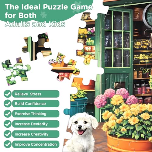 Jigsaw Puzzles for Adults 500 Pieces, Puppy Flower Shop Puzzles 500 Pieces, Challenging Yet Relaxing Jigsaw Puzzle Game for Adults, Glossy Sturdy Vibrant Puzzle Great Gift for Family Friends - style: Flower Shop