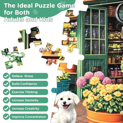 Jigsaw Puzzles for Adults 500 Pieces, Puppy Flower Shop Puzzles 500 Pieces, Challenging Yet Relaxing Jigsaw Puzzle Game for Adults, Glossy Sturdy Vibrant Puzzle Great Gift for Family Friends - style: Flower Shop