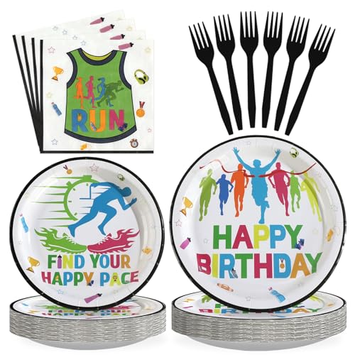 96 Pcs Happy Running Birthday Party Decorations, Serves 24 | Find Your Happy Pace Plates and Napkins Sports Fitness Tableware Set for Athletes Run Marathon Birthday Sports Party Supplies - style: Run Happy Birthday Plates m