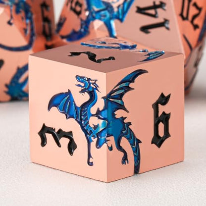 Metallic DND Dragon Dice Set,Metal Sharp Edge Polyhedral Dice with Dragon for Dungeons and Dragons RPG TTRPG D&D 7-Die Set with Gift Case Dragon-Pearl Red Copper Transparent Blue - color: Dragon-pearl Red Copper Transparent Blue