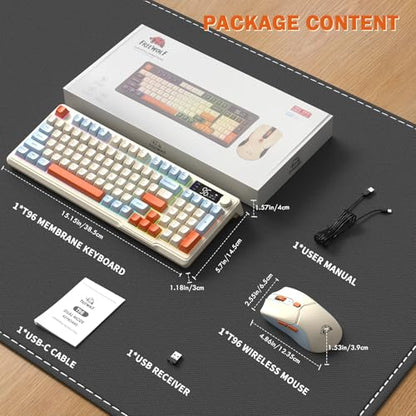 FREEWOLF T96 Smart Display Wireless Gaming Keyboard and Mouse Comb, 94Key LED Lighting Rechargeable Silent Membrane Keyboard with Knobs, 2000mAh Battery, 6-Button 4KDPI Mouse for Win/Mac(Blueberry) - color: Blueberry