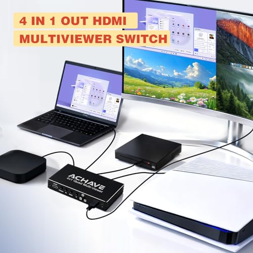 ACHAVE 4x1 HDMI Multiviewer Switch 2x1 3x1, 4K@30Hz 1080P@60Hz Quad Screen Splitter with 10 Display Modes, Seamless Switching, IR Remote Control, Compatible with Laptop, Xbox, TV Box