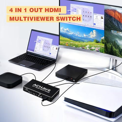 ACHAVE 4x1 HDMI Multiviewer Switch 2x1 3x1, 4K@30Hz 1080P@60Hz Quad Screen Splitter with 10 Display Modes, Seamless Switching, IR Remote Control, Compatible with Laptop, Xbox, TV Box