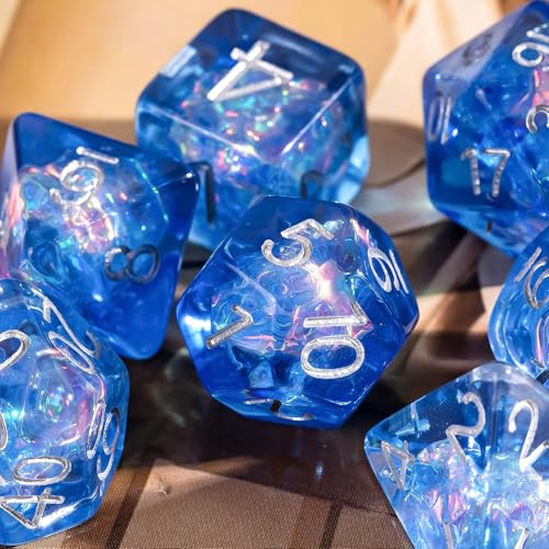 UDIXI DND Dice Set, Resin Polyhedral Dice Set Iridescent Inclusion for D&D | Velvet Storage Bag, Blue, DM Gift, for Dungeons and Dragons Role Playing Games Board Games - color: Blue
