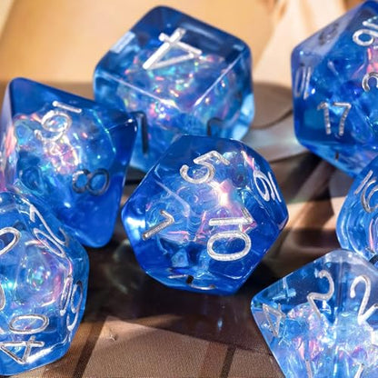 UDIXI DND Dice Set, Resin Polyhedral Dice Set Iridescent Inclusion for D&D | Velvet Storage Bag, Blue, DM Gift, for Dungeons and Dragons Role Playing Games Board Games - color: Blue