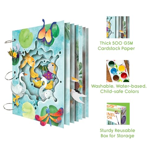 EyeConnect Crafts Pond 3D Tunnel Book – Hands-on Stationery Craft Kit | Build, paint, create a unique pop-in book with 12 posable animals! Screen-free STEAM activity, gift. No tools/glue needed, 8+ - color: Pond, size: Delux