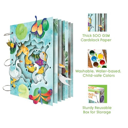 EyeConnect Crafts Pond 3D Tunnel Book – Hands-on Stationery Craft Kit | Build, paint, create a unique pop-in book with 12 posable animals! Screen-free STEAM activity, gift. No tools/glue needed, 8+ - color: Pond, size: Delux