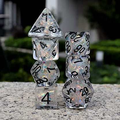 Haxtec Clear DND Dice Set 7PCS Filled Resin Polyhedral D&D Dice with Bag, Iridescent Rainbow Mylar Inclusion Dice for Roleplaying Games Compatible with Dungeons and Dragons Gift - color: Clear Black