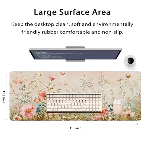 31.5”x11.8”Large Gaming Mouse Pad for Desk, Mouse Mat with Seamed Edges, Waterproof Desk Pad, Non-Slip Rubber Base, Keyboard Pad Computer Mat, Big XL Mousepad-Flower Wild Grasses - color: Flower Wild Grasses