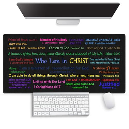 Who I Am in Christ Large Mouse Pad, Colorful Bible Verse Art Black Desk Mat | Keyboard Mat Stitched, 31.5" x 15.8", Christian Scripture, Inspirational Faith Quote, Religious, Identity in Christ - color: Colorful Bible Quotes