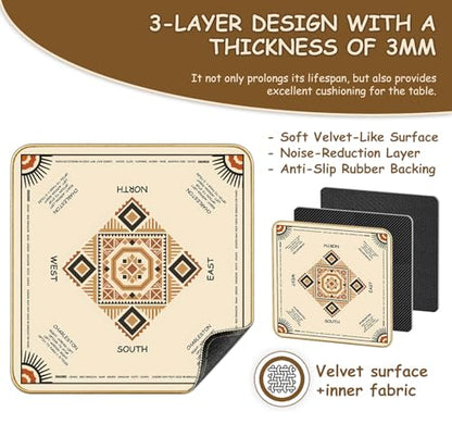 American Mahjong Mat for Table, 31.5"x31.5",No Folds Or Creases | Velvet Surface,Non-Slip Noise Reduction, Ethnic Style, 3 Dice & Drawstring Bag, For Poker, Card, Board & Tile Games - size: 31.5*31.5