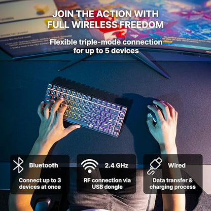 K33 Compact Wireless, 75% Mem-chanical Gaming Keyboard, Multi Device, Bluetooth, 2.4 GHz & Wired Mode, RGB-Lighting, IP54 Dust & Splash-Resistant (Black) - color: Black