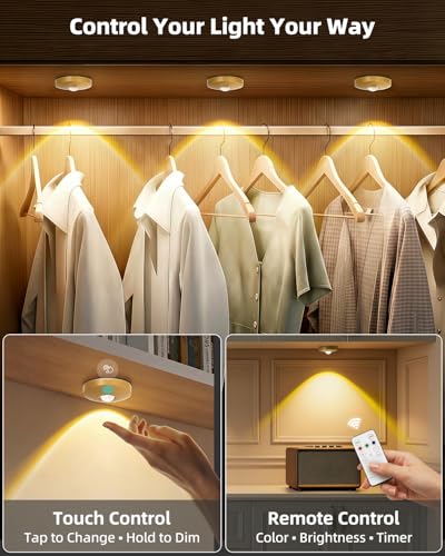 Rechargeable Puck Lights with Remote Control, 1500mAh Battery Operated Tap Lights, Dimmer & Timer Under Cabinet, Wireless LED Stick-On for Closet, Bedroom, Kitchen - Gold 3Pcs - color: Gold