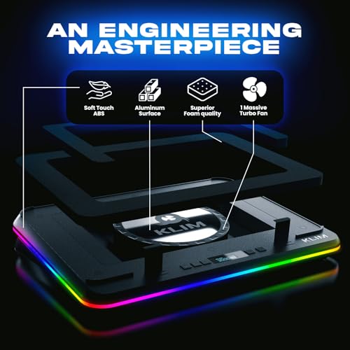 KLIM Turbofrost MAX Gaming Laptop Cooling Pad, Patented TurboFan XL | Smart Inlay for direct airflow, dual USB-C/DC power, 3 extra USB ports, up to 17.3in, LCD, RGB, Adjustable Speed