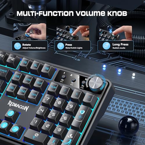Redragon RM104 Wireless Gaming Keyboard with Knob, Tri-Mode BT/2.4G/USB-C RGB Computer Keyboards, 4000mAh Battery, Programmable Software Support, Anti-Ghosting, Compatible with PC Mac - Black & Blue - color: Black & Blue