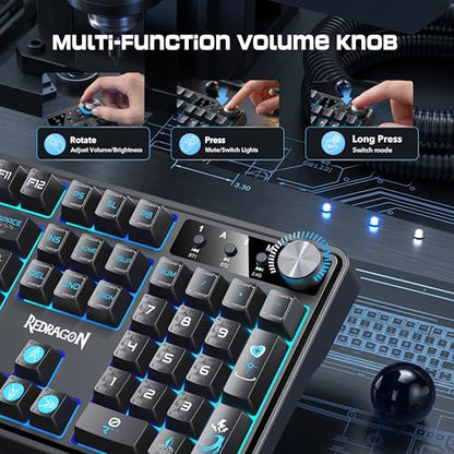 Redragon RM104 Wireless Gaming Keyboard with Knob, Tri-Mode BT/2.4G/USB-C RGB Computer Keyboards, 4000mAh Battery, Programmable Software Support, Anti-Ghosting, Compatible with PC Mac - Black & Blue - color: Black & Blue