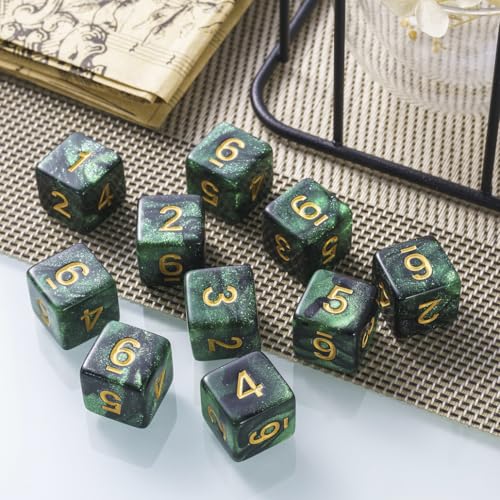 10 Pieces Polyhedral Dice Set D6 Dice 16mm Acrylic 6 Sided Dice Game Dice for Dungeons and Dragons RPG MTG DND Dice Table Games (Starry Green Black) - color: Starry Green Black