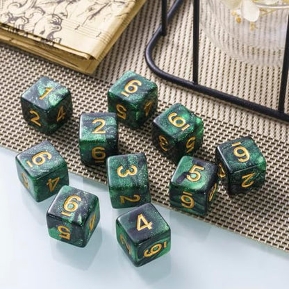 10 Pieces Polyhedral Dice Set D6 Dice 16mm Acrylic 6 Sided Dice Game Dice for Dungeons and Dragons RPG MTG DND Dice Table Games (Starry Green Black) - color: Starry Green Black