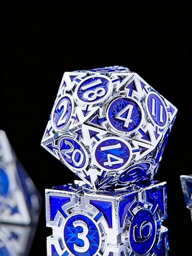 RULE DND Dice Set Metal Blue Solid Weighted D&D Dungeons & Dragons Polyhedral D20 D4 D12 D10 D% D8 D6 with Gift Box - color: Silver-dark Blue