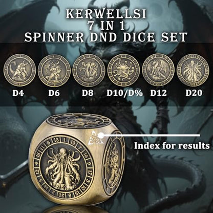 KERWELLSI 7 in 1 DND Dice Set D&D, Polyhedral Metal Spinner Dice, 3D Relief D and D Role Playing Dice with Gift Box (Bronze) - color: Bronze