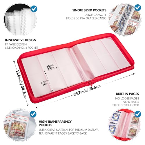 FunGuys Graded Card Binder, 60 PSA Slab Holder, 6 Pocket Graded Card Storage, Slab Binder, PSA Card Graded Display Case Album, Zipper, MTG Card Collection Binder - color: Black and Red