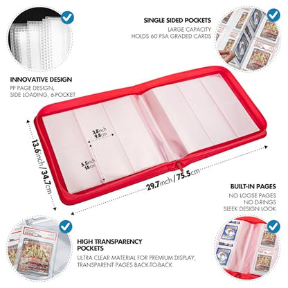 FunGuys Graded Card Binder, 60 PSA Slab Holder, 6 Pocket Graded Card Storage, Slab Binder, PSA Card Graded Display Case Album, Zipper, MTG Card Collection Binder - color: Black and Red