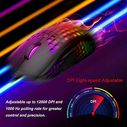 MARVO Lightweight Gaming Mouse Wired, RGB Backlit Mice with Lightweight Honeycomb Shell , Pixart 3327 12000 DPI Optical Sensor, Ultraweave Cable Mouse for Windows PC Gamers (Black)
