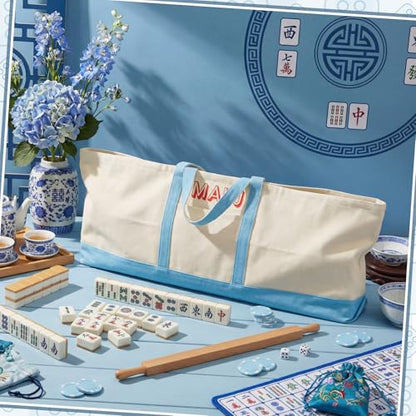 Mahjong Bag for Tiles and Racks Empty American Mahjong Tiles Carrying Tote 31.5 x 12 x 4 Inches Canvas Tile Games Accessories Gifts for Card Pushers Rack Mat Carrying (Case Only) (Blue) - color: Blue