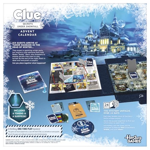 Clue Advent Calendar: Secrets Under Snowfall | 24 Days | Family Mystery Games | with 6 Winter-Themed Tokens and Surprise | Ages 10+ | 1+ Players