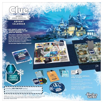 Clue Advent Calendar: Secrets Under Snowfall | 24 Days | Family Mystery Games | with 6 Winter-Themed Tokens and Surprise | Ages 10+ | 1+ Players