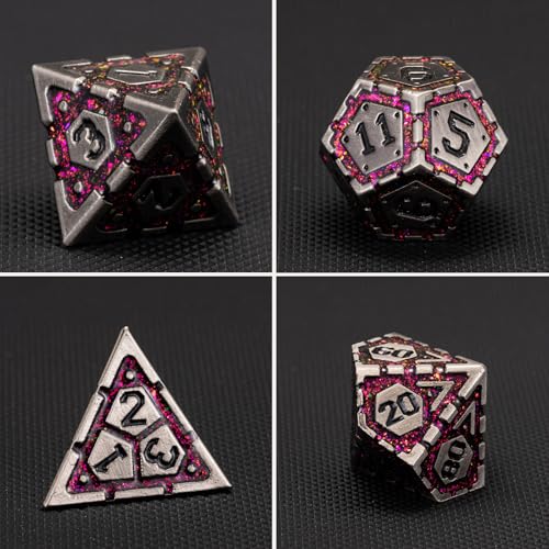 Metal DND Dice Set, Polyhedral Metallic Dice with Cracks for Dungeons and Dragons RPG TTRPG D&D 7-Die Set with Gift Case - color: Ancient Nickel Rose Red