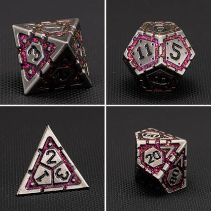 Metal DND Dice Set, Polyhedral Metallic Dice with Cracks for Dungeons and Dragons RPG TTRPG D&D 7-Die Set with Gift Case - color: Ancient Nickel Rose Red