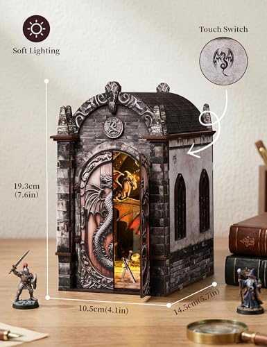 Book Nook Kit for Adults, Dragon Lair DIY Miniature House Kit, Dark Fantasy Tiny House with Knight & Treasure, 3D Puzzles for Adults, Castle Bookshelf Decor