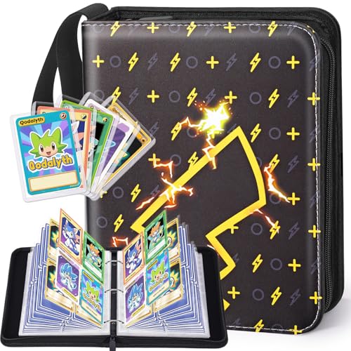 Card Binder – 4 Pocket Zipper Collection Album, Premium PU Holder, Double-Sided Display for 400 Cards, Includes 5 Hard Plastic Sleeves for Game Cards, Sports Cards（Lightning） - color: Lightning, size: 4-Pocket
