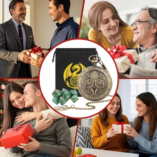 Cthulhu Theme Pocket Watch Dice Set, DND Mystery Dice for RPG COC Pathfinder, DND Starter Set, 7pcs Green Small Polyhedral Acrylic Dice, Fantasy Gifts for Cthulhu Fans, Birthday Gift for Men - color: Cthulhu Theme