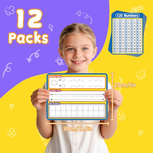 12 Pack Double Sided Number Line Dry Erase Board,12" x 9" Multiplication Flash Cards,Math Manipulatives Small White Board for Kids,Ten Frame Chart for Preschool Learning,Homeschool Essentials - style: Number Line