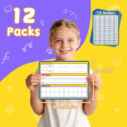 12 Pack Double Sided Number Line Dry Erase Board,12" x 9" Multiplication Flash Cards,Math Manipulatives Small White Board for Kids,Ten Frame Chart for Preschool Learning,Homeschool Essentials - style: Number Line