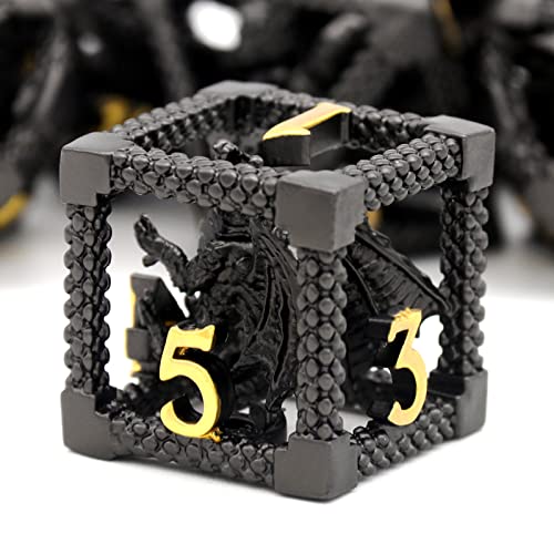 DND Dice Set,3D Hollow Dragon Metal 7-Die,Black | copper construction,68g balanced weight,engraved numbers,gift box and velvet bag for DND RPG play - color: 3d-black