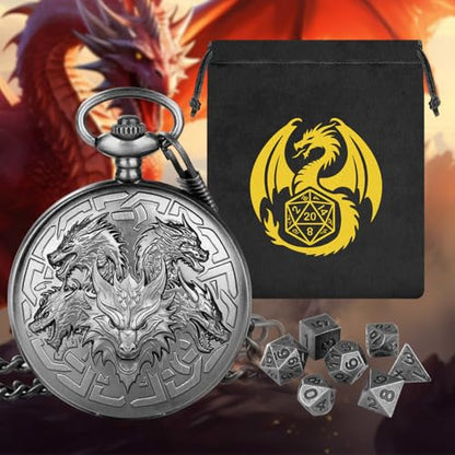 Mini DND Dice Set with Retro Five Dragon Heads Pocket Watch Shell Case, DND Starter Set, 7pcs Polyhedral Mini Metal Dice Set, D&D Gifts with Gift Box, Role Playing Board Game Accessories, Silver - color: Dark Silver