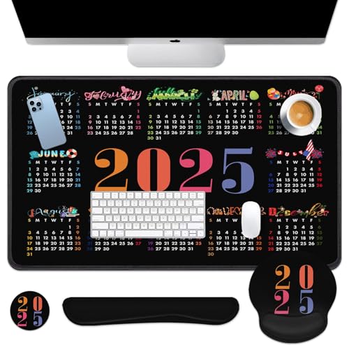 Arttown Keyboard Mouse Pad Set, 4 in 1 Desk Mat Set Calendar 2025 | Black Month Day Large Mousepad+Keyboard Wrist Rest+Mouse Wrist Rest+Coaster Ergonomic Design for Home Office Computer - color: Calendar 2025 Year